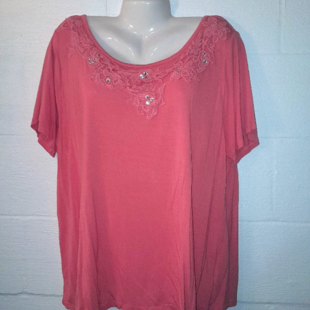 inc International Concepts Woman Plus Size 2x Pink Rhinestone Short Sleeve Top